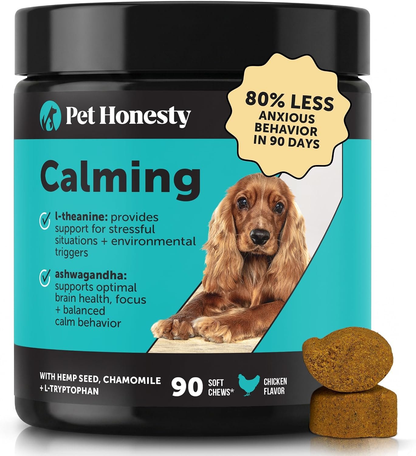 Natural Hemp Dog Calming Chews for Occasional Anxiousness & Stress – Calming Treats for Thunderstorms, Fireworks, Separation & Travel – with Ashwagandha, L-Theanine, Valerian Root (Chicken, 90 Ct)