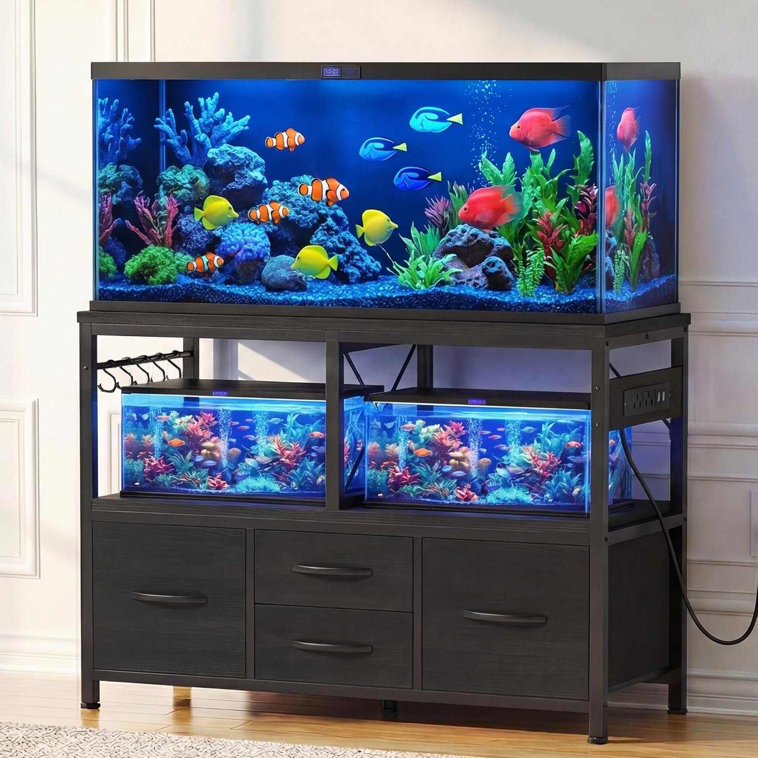 Heybly 40-50 Gal Fish Tank Stand with Drawer, Power Outlet, Black HAS004BK | Aquarium Stand, Heavy Duty, for Fish Tank, Turtle & Reptile Terrarium, 36.2″ L × 18.1″ Top, 660lbs (Top)+330lbs(Mid)