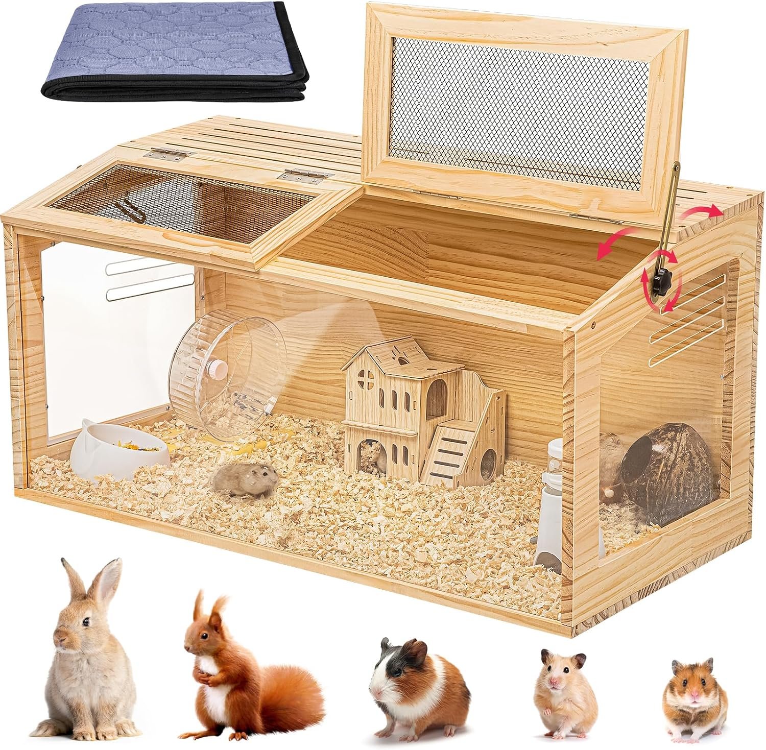 Hamster Cage 40″ Chewproof Wooden, 270° View Acrylic Pet Habitat | Panoramic Large Habitat, Bite-Proof Mesh & Top Dual Access Doors, for Syrian/Dwarf Hamsters, Guinea Pigs, Chinchillas