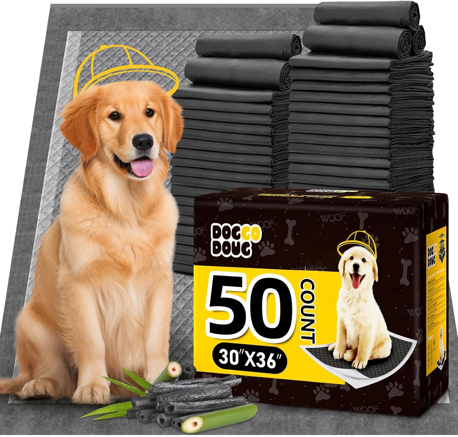 Dog Pee Pads for Dogs XXL 30″x36″ 50 Count with Adhesive Tabs | Charcoal Puppy Pads Extra Large Disposable Activated Carbon Super Absorbent Full Edge-Wrapping Odor-Control Training Pads
