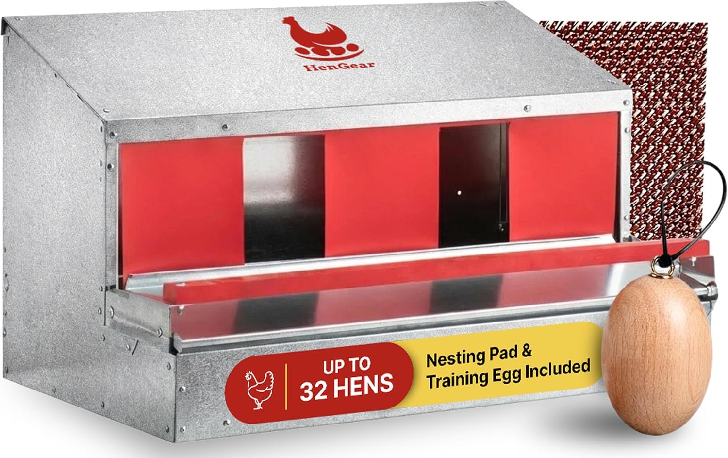HenGear Nesting Boxes for Chickens, Roll Away Laying Boxes, Medium | Nest Box with Rollout Egg Collection, Nesting Pads for Cleaner Eggs, Reversible Accessories, G90 Galvanized, Up to 32 Hens