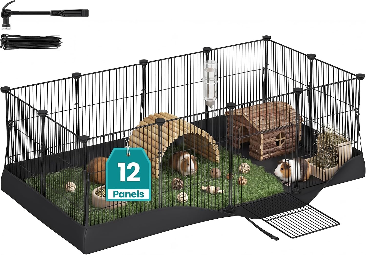 SONGMICS Guinea Pig Playpen, Steel Wire Small Animal Enclosure, with Waterproof Mat and Door, 47.2 x 23.6 x 15.7 inch, Black, Indoor Pet Exercise Pen for Rabbit, Damion Collection ULPI008B101