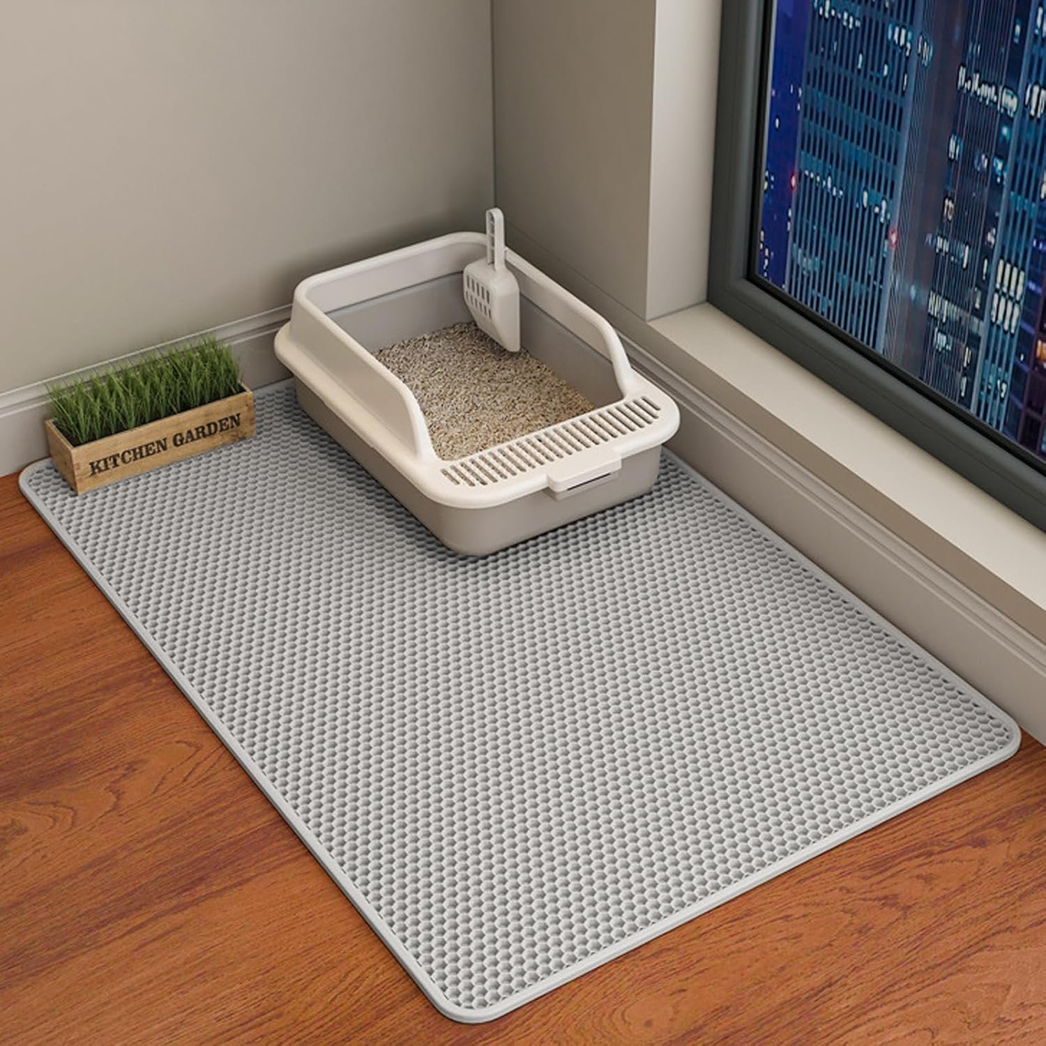HCY&WLD Cat Litter Mat, Double Layer Cat Litter Box Mat (35×24 Inch, Gray) | Waterproof Urine-Proof Non-Slip Litter Trapping Mat, Soft on Kitty Paws, Scratch-Resistant, Scatter Control, Easy to Clean