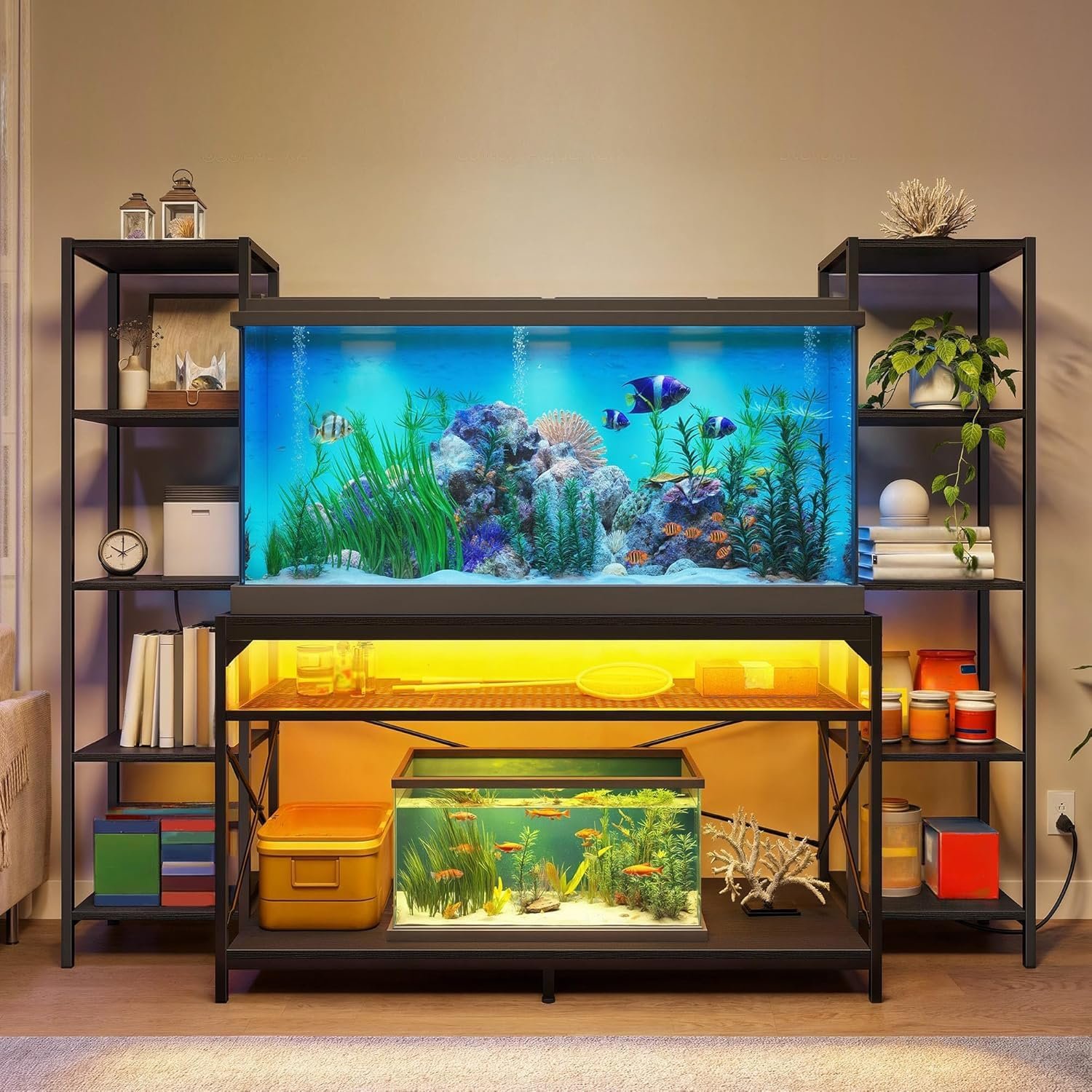 DWVO 55-75 Gallon Aquarium Stand with Power Outlets & LED Light | Display Stand for Turtle Tank, Reptile Terrarium, Heavy Duty Metal Fish Tank Stand Suitable for Living Room, Entryway