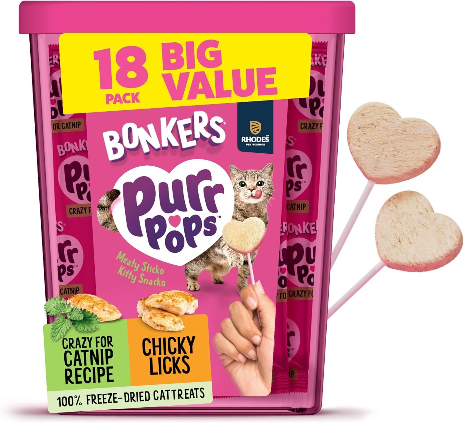 Bonkers Purrpops Freeze Dried Chicken & Catnip Flavor Lollipop Cat Treats, Healthy Real Meat Treats, Training Treats or Food Topper, for All Breeds and Ages, Value Pack (18 Pieces)
