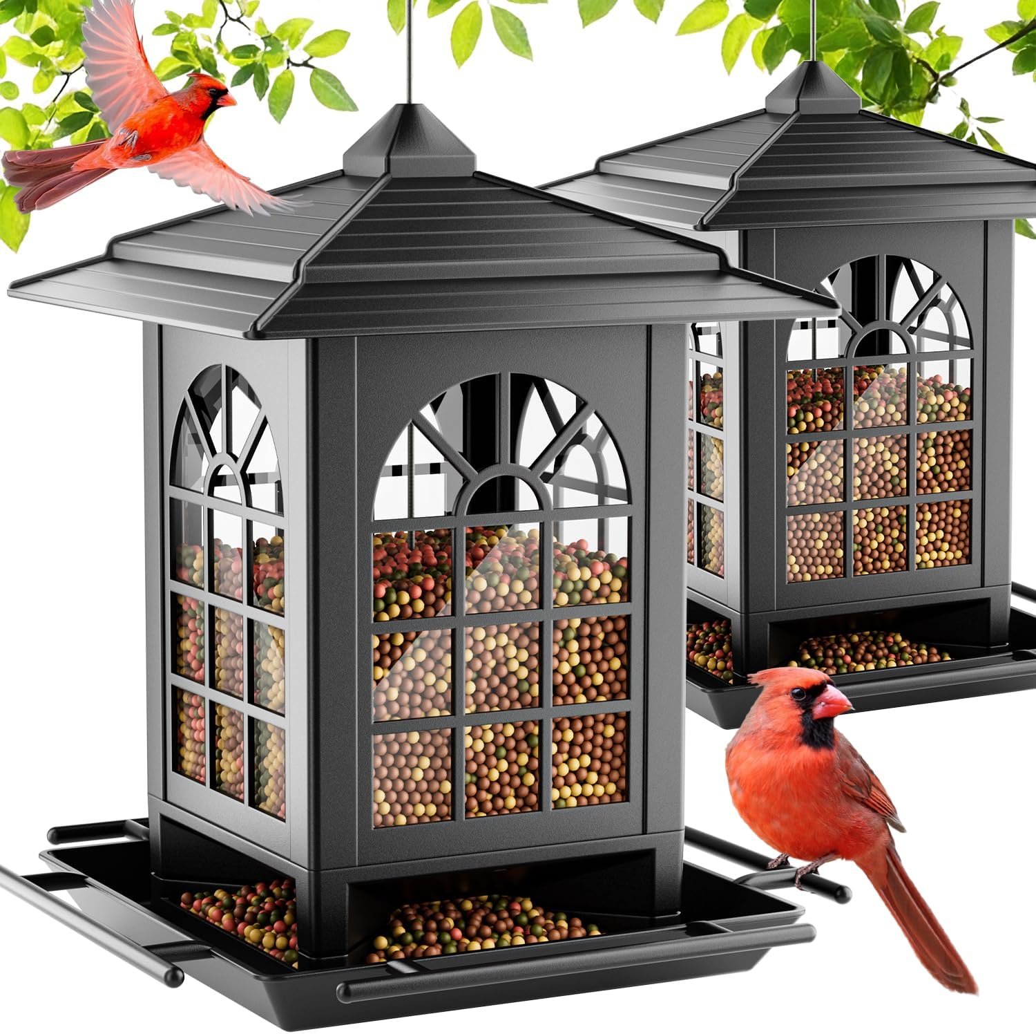Birdream 2 Pack Bird Feeders for Outdoor Hanging, Assembly Required, 1-Min Easy Setup, Classic Courtyard Design, Attracting Cardinals Chickadees Goldfinches & Sparrows, Total 7 LB – Black