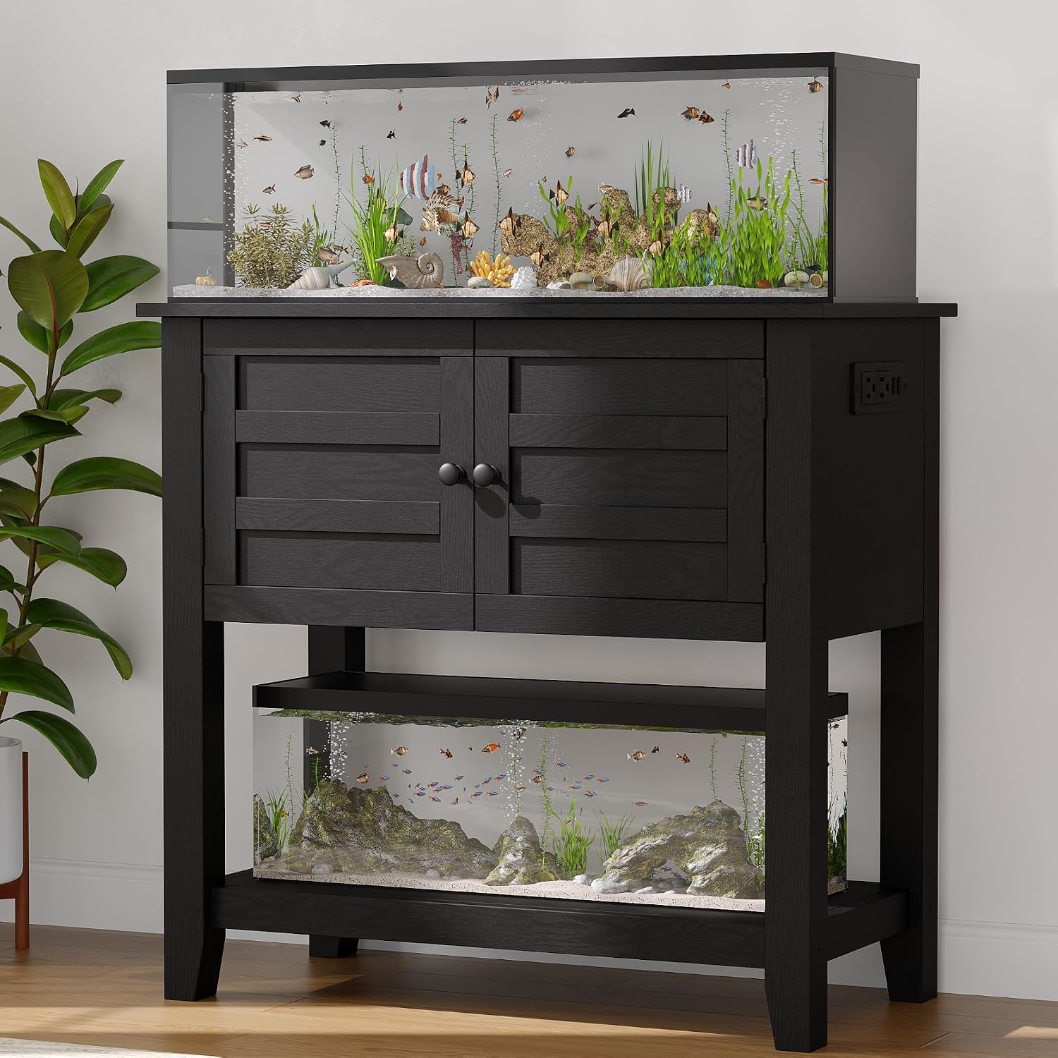 Garvee 20-29 Gallon Aquarium Stand, Heavy Duty Fish Tank Stand Cabinet | Up to 660 LBS, Dual Tier Reptile Turtle Tank Stand with Charging Station and Anti-Tip Device, Black