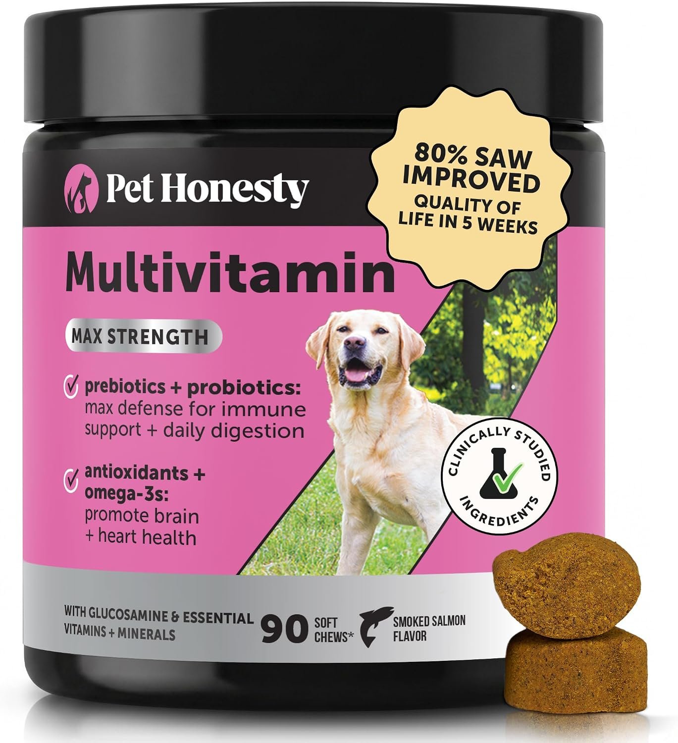 Pet Honesty Vet Recommended Max Strength Dog Multivitamin, 90 Ct, Salmon | 15-in-1 Dog vitamins with glucosamine, probiotics & omega-3, salmon, supports hip & joint stiffness, digestion & heart health