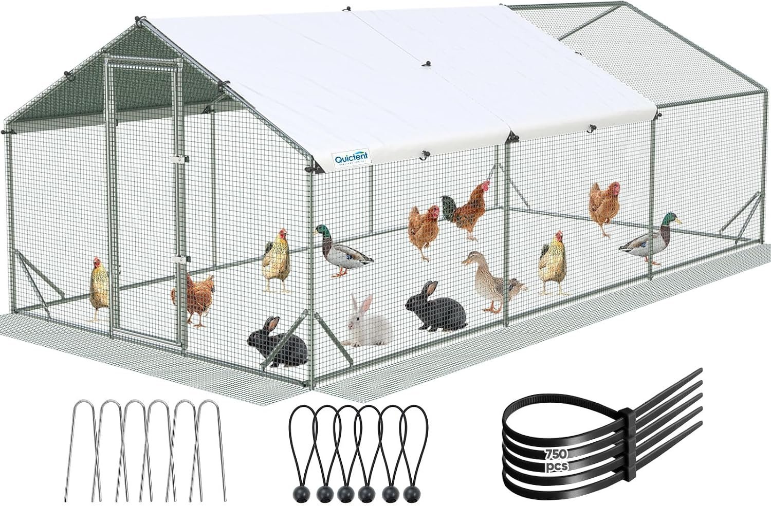 Quictent Large Metal Chicken Coop Run for 30+ Poultry w/Side Hardware Cloth | Waterproof Cover, Advanced Series Outdoor Walk-in Cage Hen Duck Rabbit Dog Pen Yard Farm House, 18x9x6.6FT