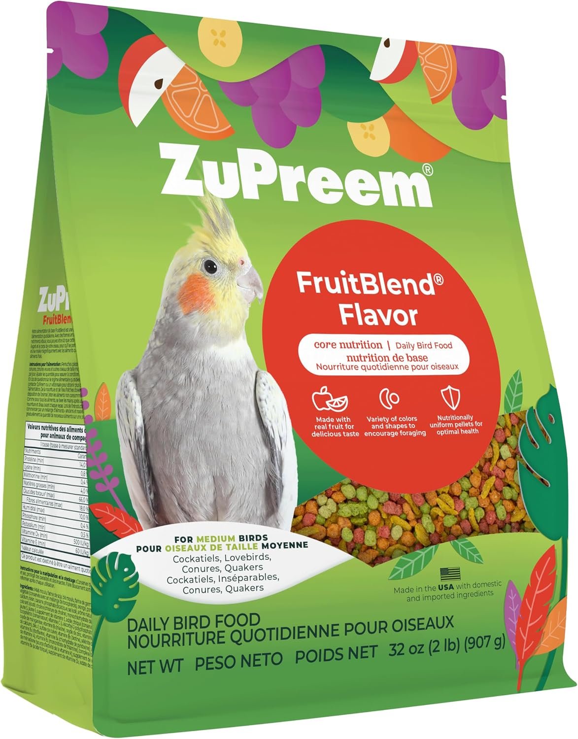 ZuPreem FruitBlend Cockatiel & Conure Food, Uniform Bird Food, M, 2 lb | Bird Food Pellets, Real Fruit, Blend, Cockatiel Food, Conures, Lovebirds, Love Bird Pellets, Quaker, Parrot, Medium Birds