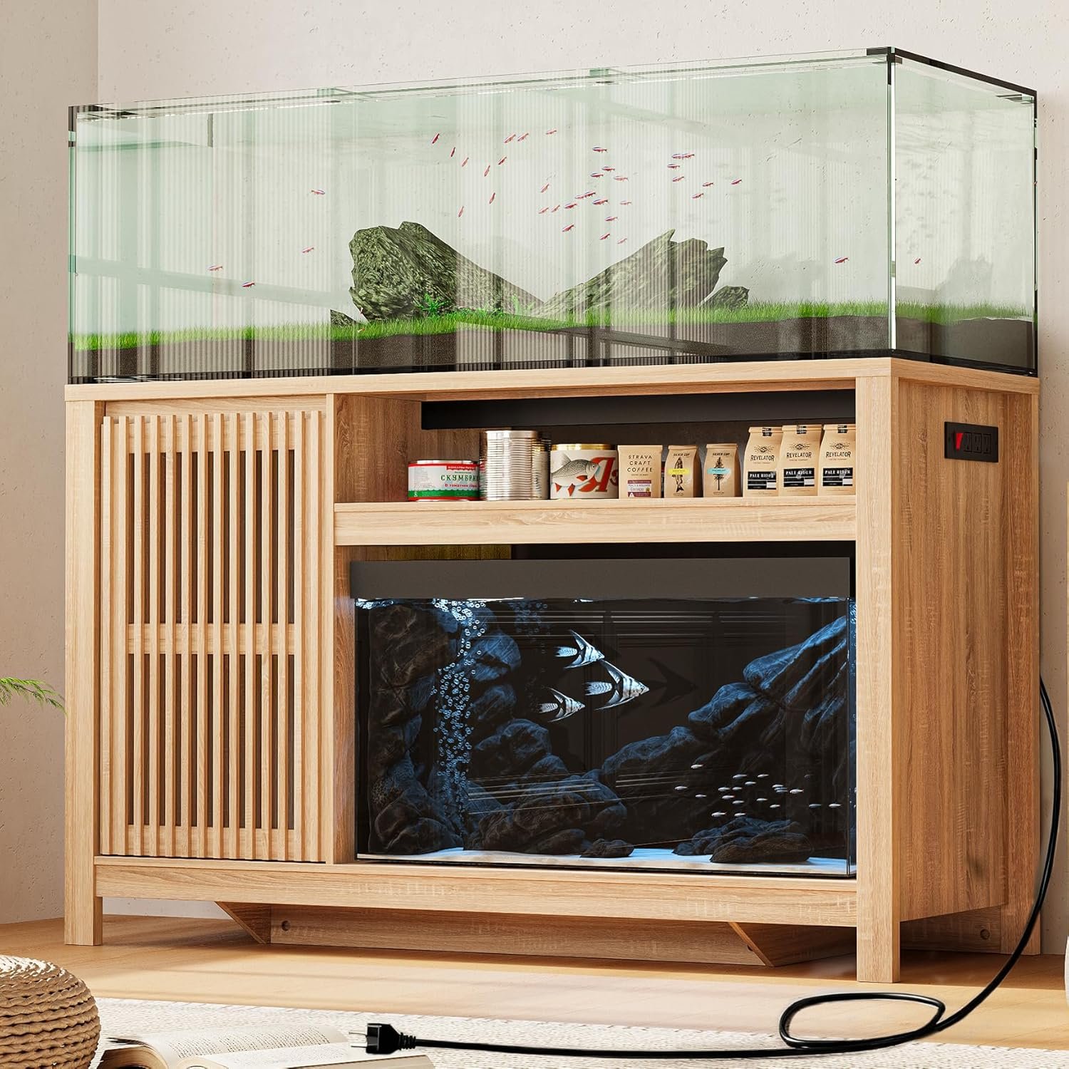 55-75 Gallon Fish Tank Stand with Power Outlet, Aquarium Stand with Cabinet, Heavy Duty Reptile Tank Stand Table for Fish Accessories Storage for Reptile Tank, Turtle, Reptil Terrarium