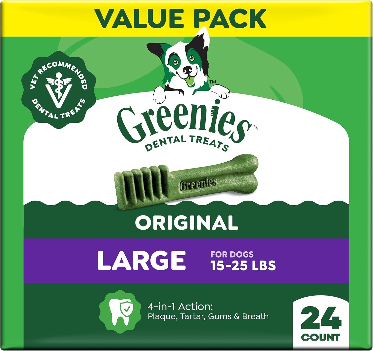 Greenies Large Natural Dental Dog Treats, Original Flavor, 24 Count | Veterinarian-recommended, 47% less tartar & 40% less plaque in 28 days, cleans to gumline, for dogs 50-100 lbs, 36 oz. Pack