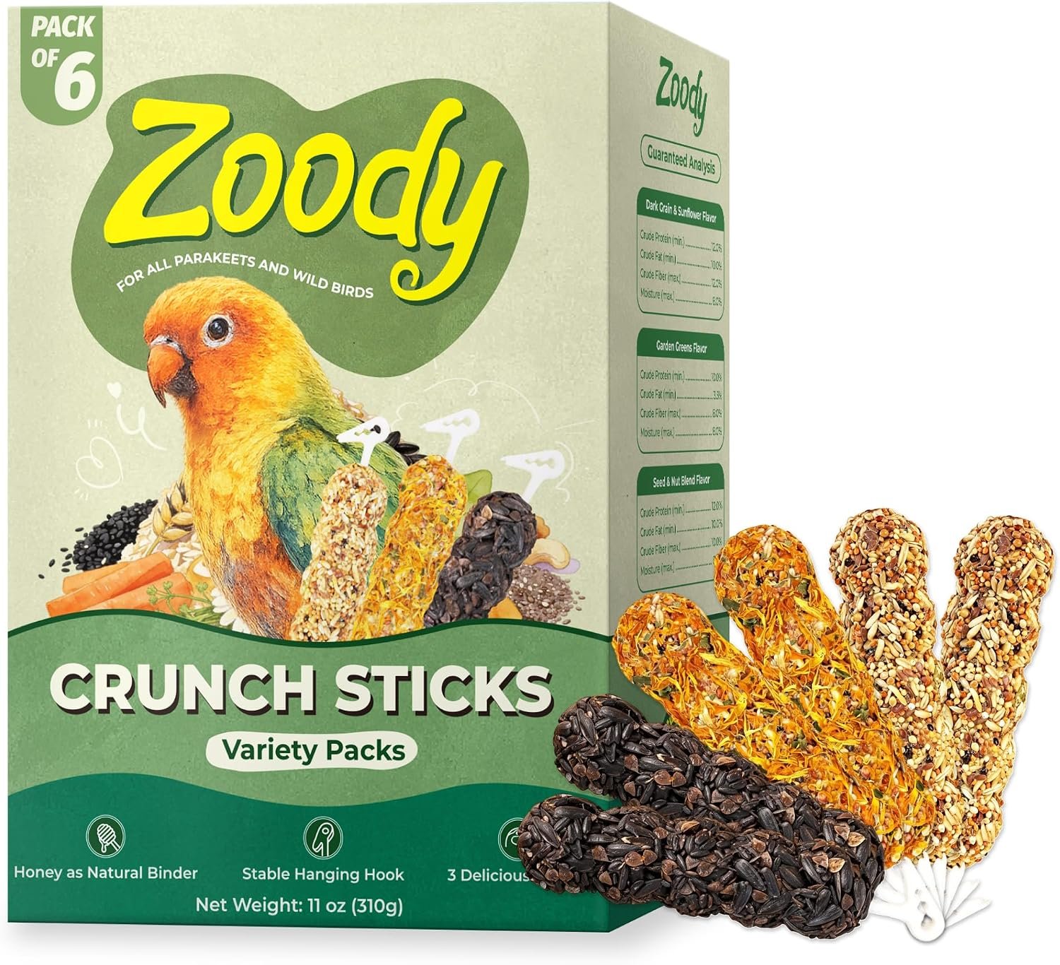 Zoody Parakeet Treats 6 PCS Crunchy Sticks Variety Pack 11 oz | 3 flavors: Dark Grain & Sunflower, Garden Greens, Seed & Nut. Natural honey, Supports beak health & foraging. Built-in hook.