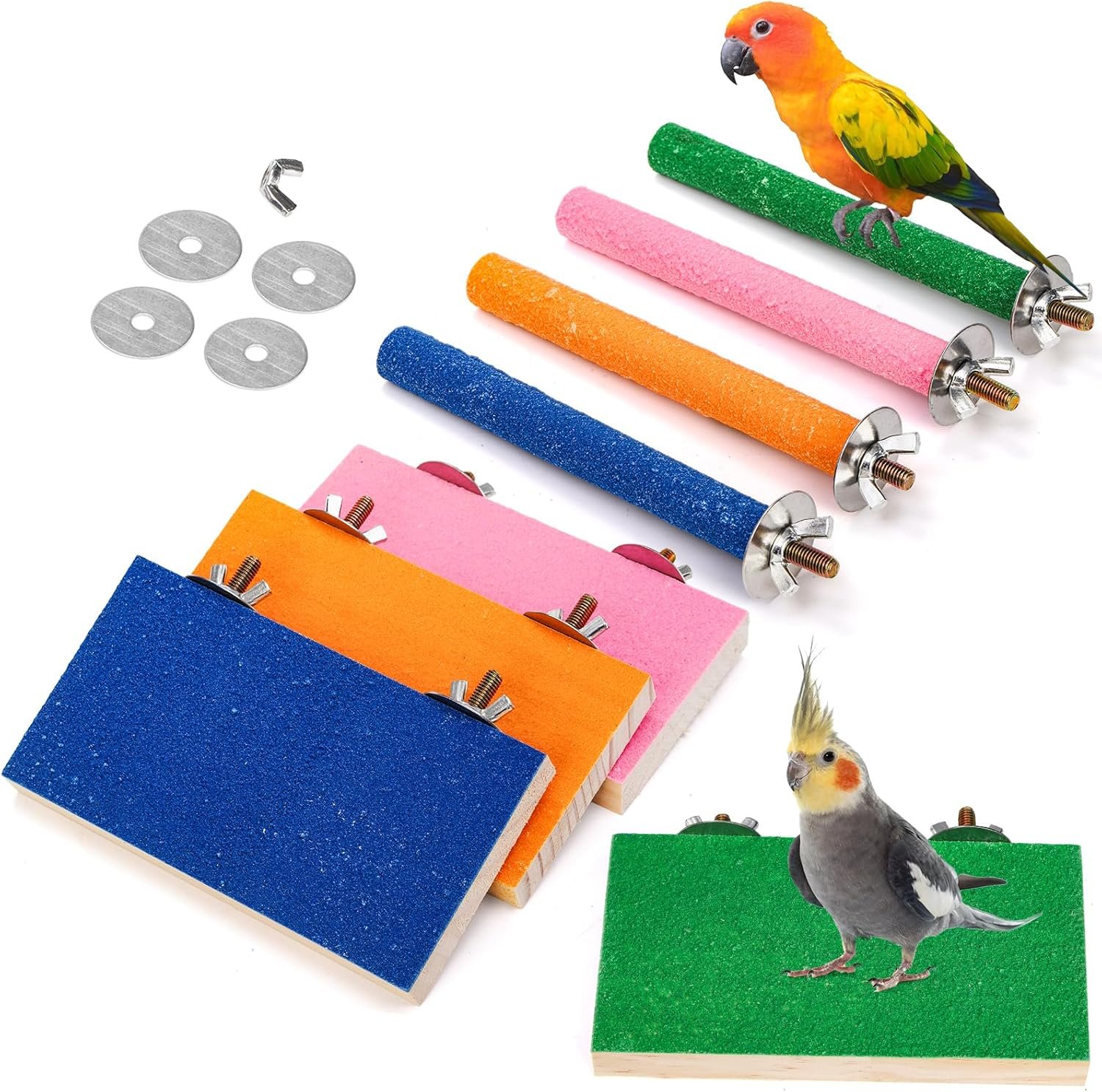 8 Pcs Bird Perch Stand Toy, Colorful Wood Parrot Perch Stand Platform Paw Grinding Stick, Bird Cage Accessories for Budgies, Parakeet, Cockatiel, Lorikeet, Conure