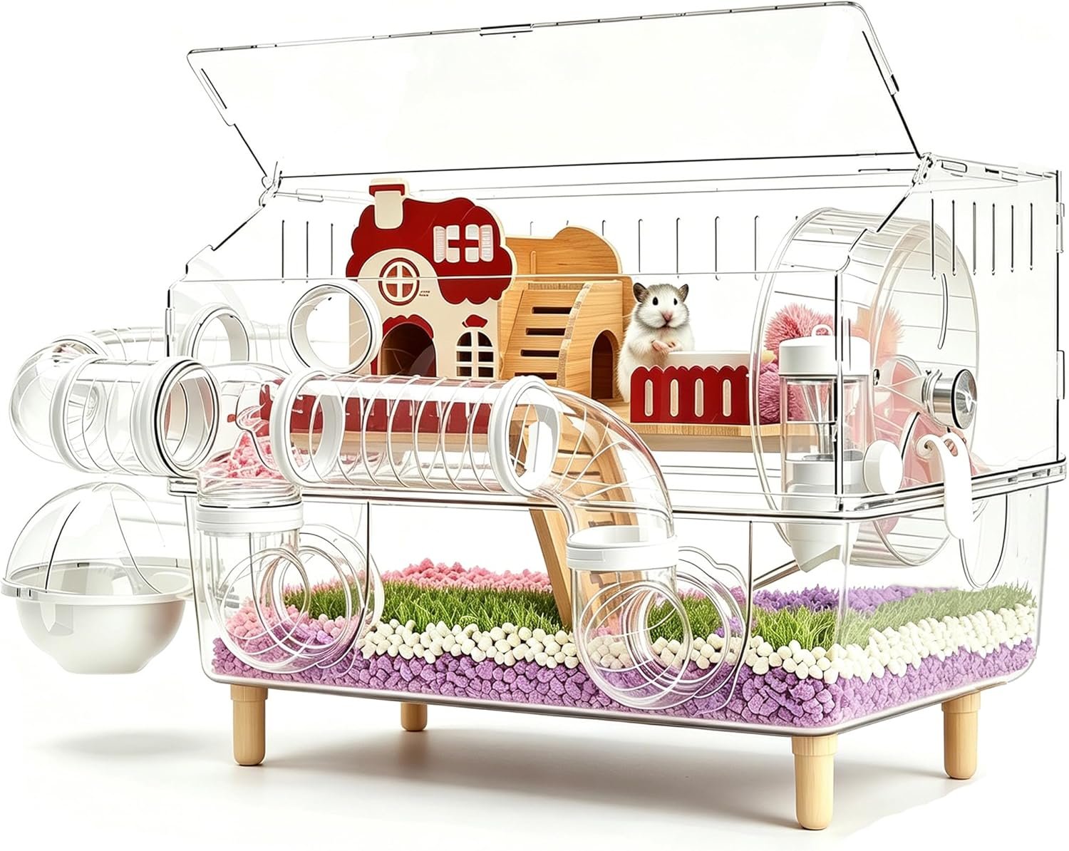 8 in 1 Acrylic Hamster Cage 2 Tier Dwarf Hamster Cage 360° Clear Viewing | Hamster Cage Transperant Hamster Habitat Top Open Gerbil Cage Mouse Cage with Tubes for Pet Mice (Clear, 17.7″x13″x11.8″) ﻿