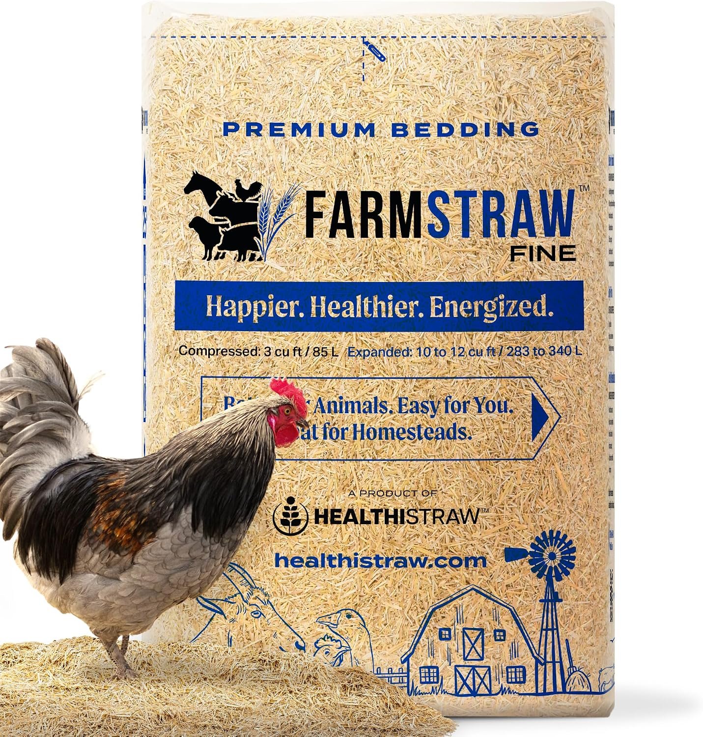 HealthiStraw FarmStraw Fine Cut, 3 cu ft (25 lb) Expands to 10+ cu ft – All-Natural Wheat Straw Chicken Bedding for Clean, Dry, Odor-Free Coops – Dust-Free, Super Absorbent – Sustainably Sourced