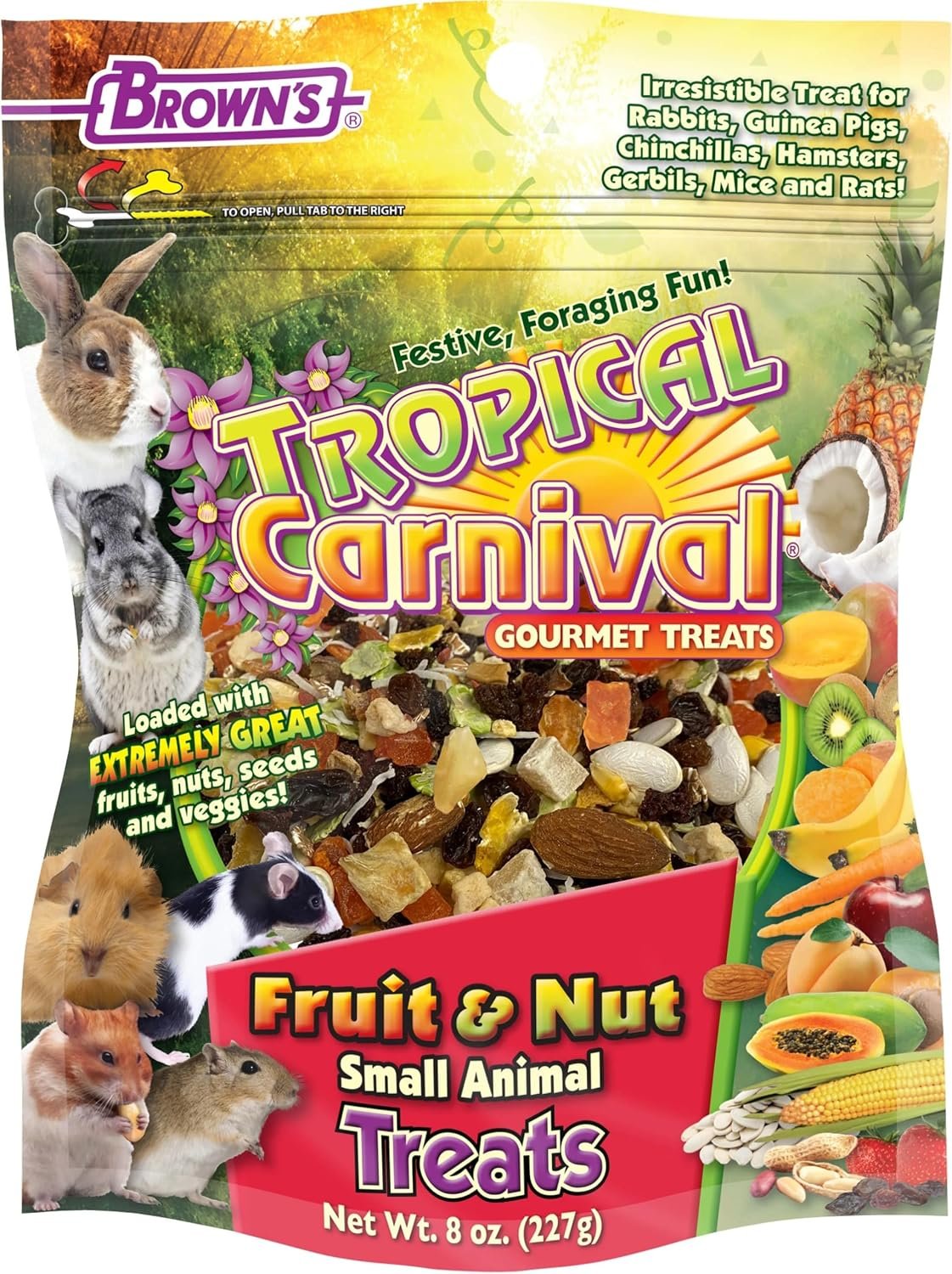 F.M. Brown’s Tropical Carnival, Fruit and Nut Small Animal Treat, Real Fruits, Nuts, and Veggies for Rabbits, Hamsters, Guinea Pigs, Mice, Gerbils, and Rats, 8 oz