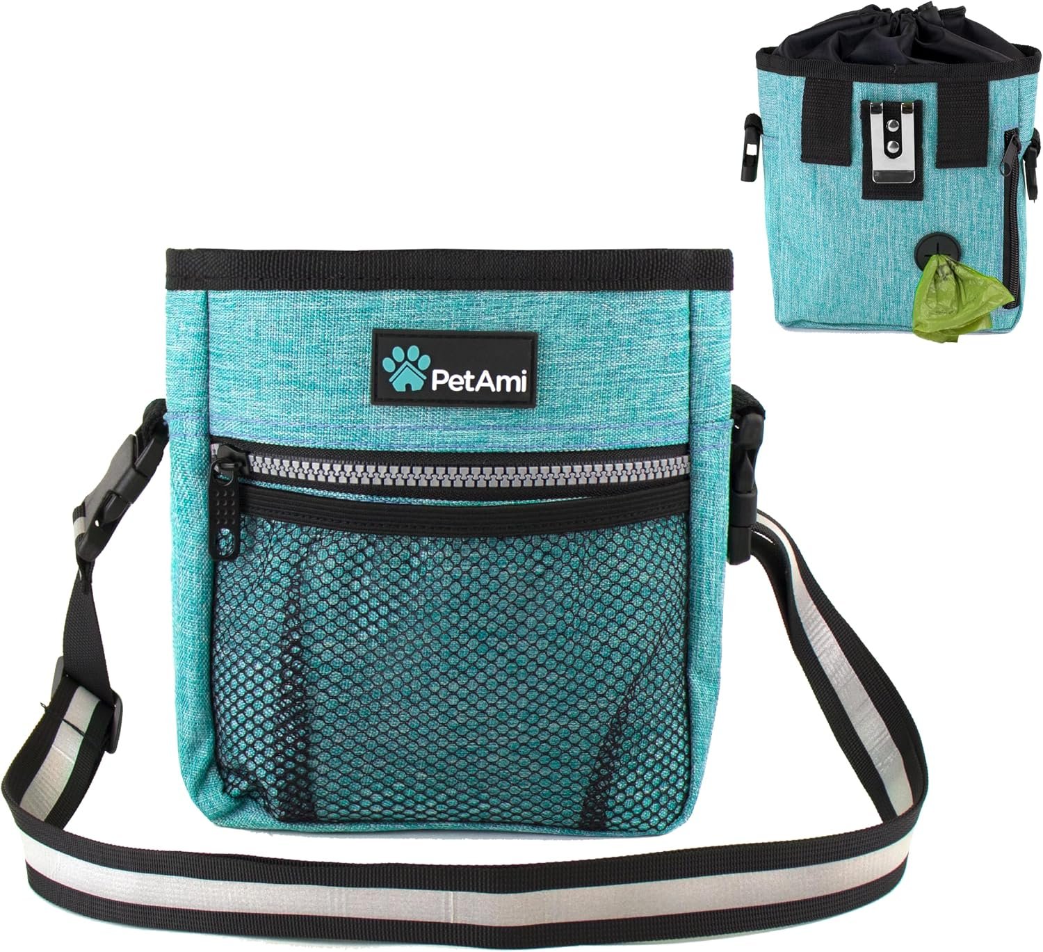 PetAmi Dog Treat Pouch | Dog Training Pouch Bag with Waist Shoulder Strap, Poop Bag Dispenser | Treat Training Bag for Treats, Kibbles, Pet Toys | 3 Ways to Wear (Turquoise) | No bowl included