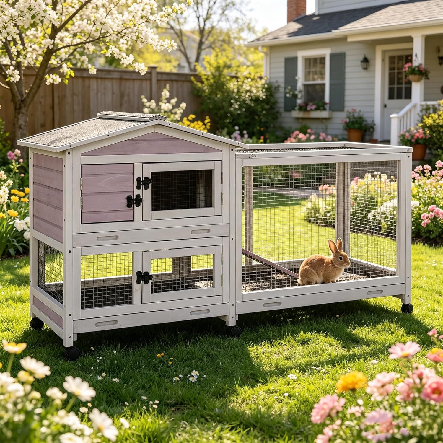 62″ L Extra Large Wooden Rabbit Hutch on Wheels with Chew-Proof Ramp, Grey | enlarged version design, 3 easy-cleaning trays, 6 mobile wheels, waterproof asphalt roof, ventilated mesh