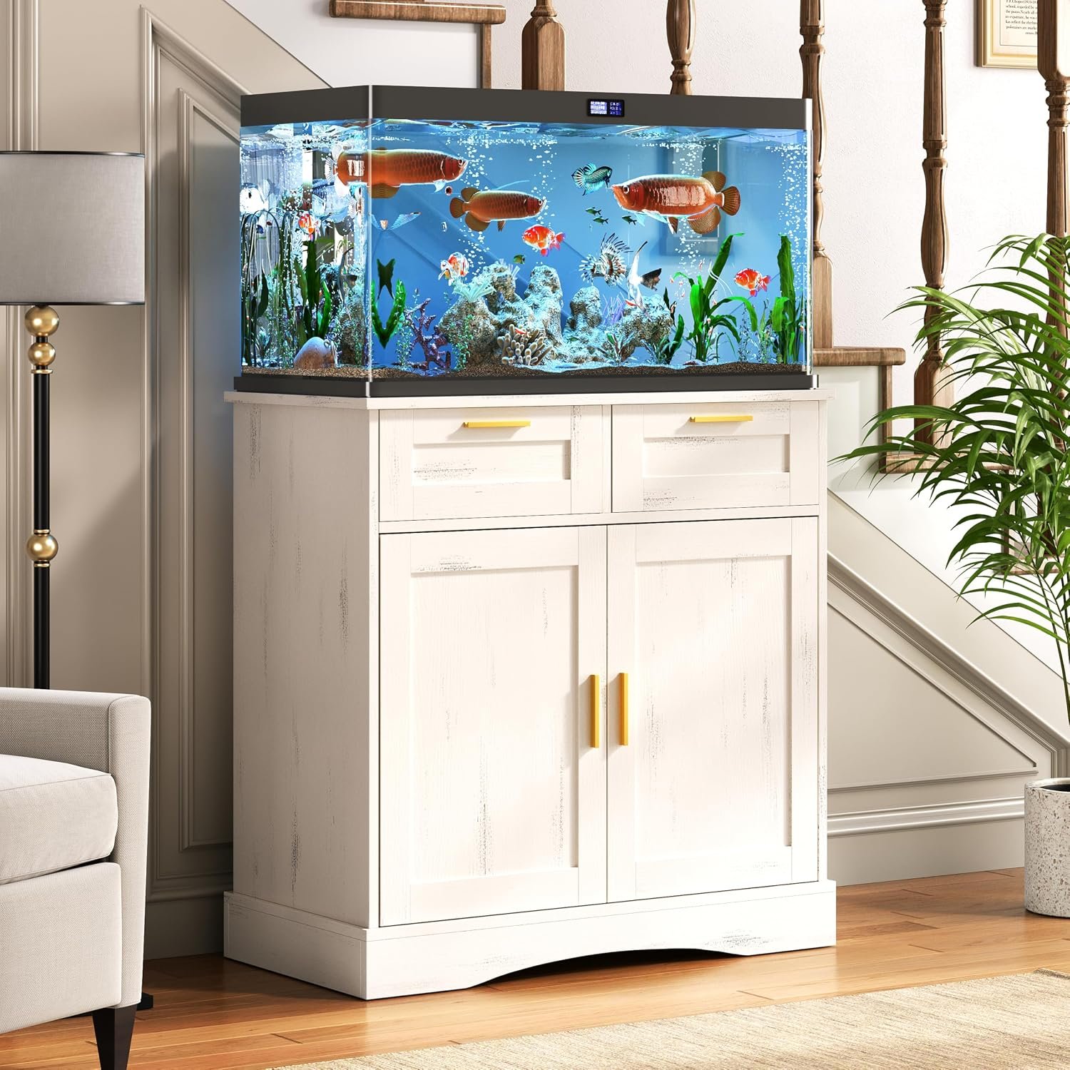 29 Gallon Fish Tank Stand with Storage Cabinet, Aquarium Stand | with 2 Drawers for Fish Tank Accessories Storage, 30.71x 15.75” Fish Stand Tabletop (Vintage White, PTBX01WH)