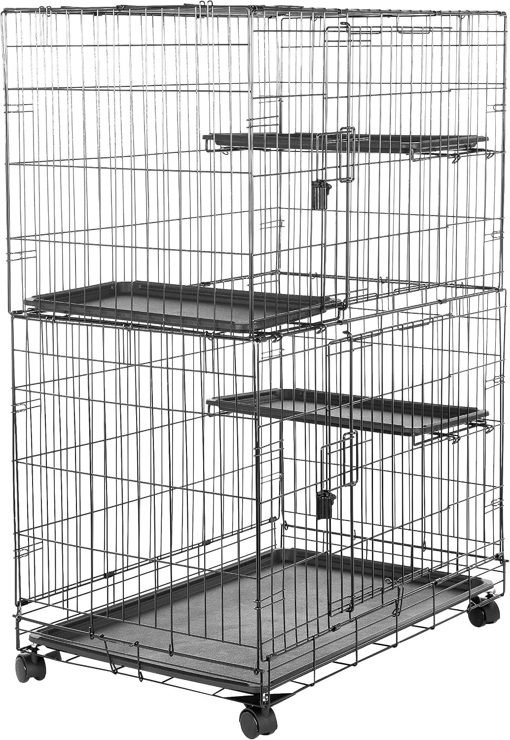 Amazon Basics Large 3-Tier Cat Cage Playpen with Easy to Clean Removable Tray, Front Doors, Portable, Foldable, 35.8″ x 22.4″ x 50.6″, Black