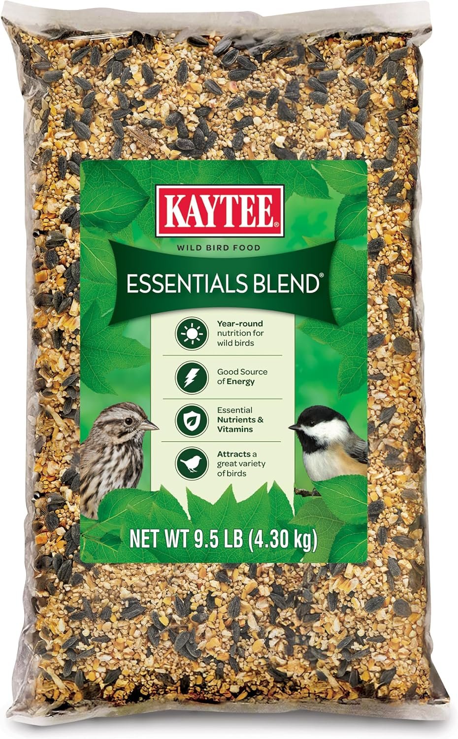 Kaytee Essentials Blend with Black Oil Sunflower, Cracked Corn and Millet, Wild Bird Seed Mix for Cardinals, Jays, Finches, Chickadees, Nuthatches, Woodpeckers, Grosbeaks, Juncos, 9.5 Pounds