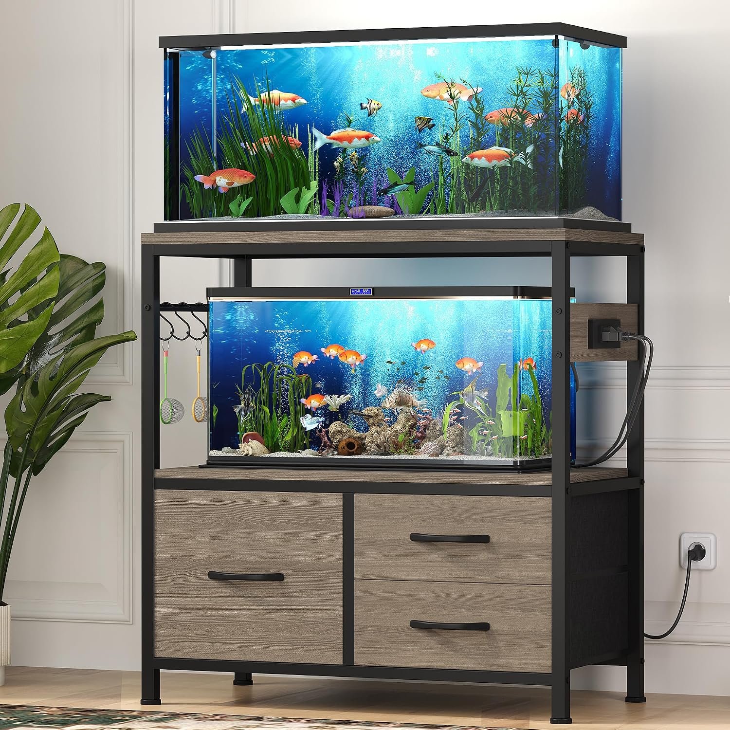 Heybly 20-29 Gal Fish Tank Stand with Drawer, Power Outlet,330lbs HAS001SG | Aquarium Stand,Heavy Duty Metal Frame for Fish Tank, Turtle & Reptile Terrarium, 31.5″ x 15.7″ Top, Rustic Gray