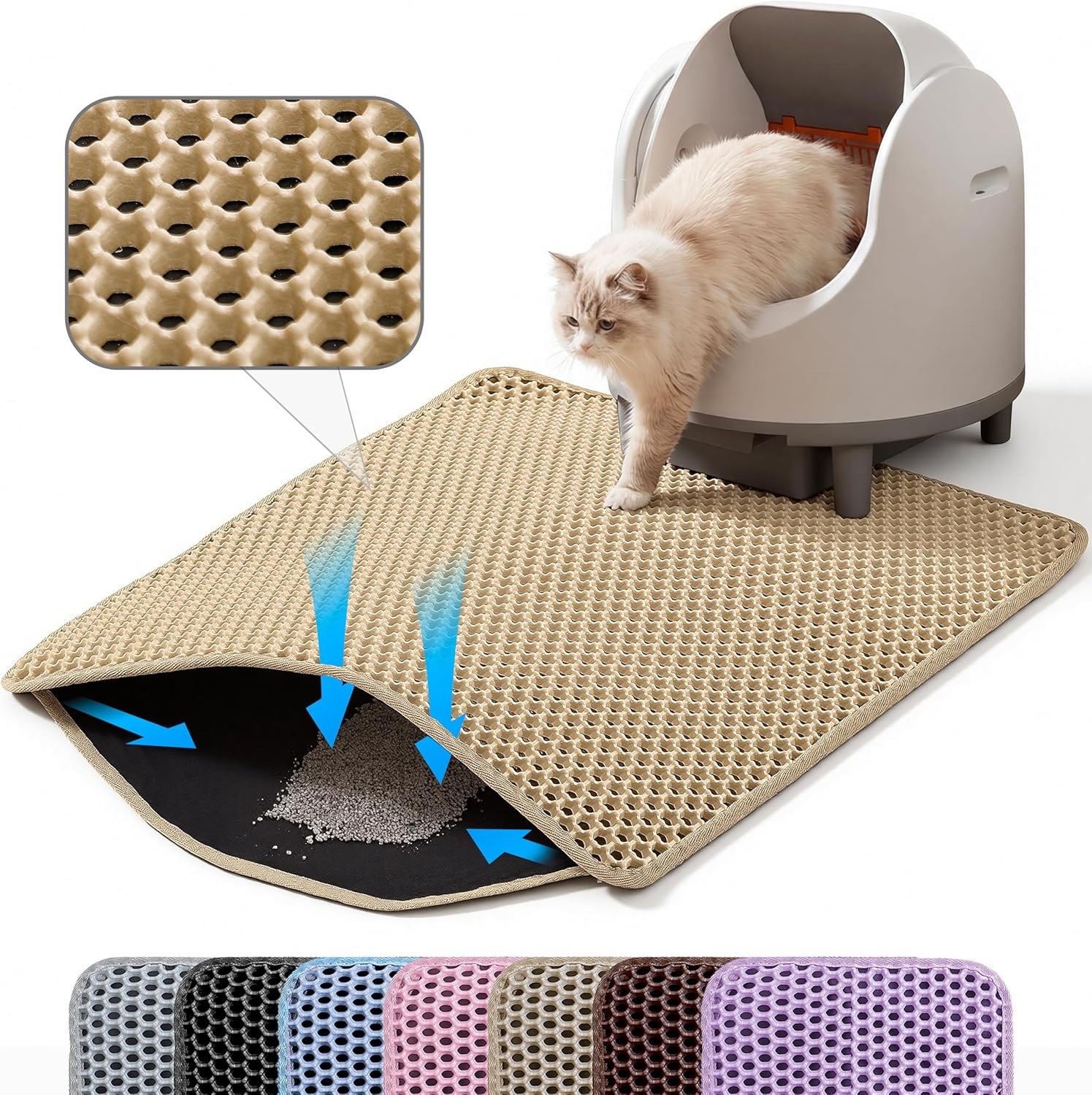 Cat Litter Mat, Double Layer Honeycomb Litter Box Mat | 24×18”, Efficient Litter Trapping, Easy to Clean, Waterproof, Non-Slip, Soft on Paws, Scratch Resistant, Beige, Large