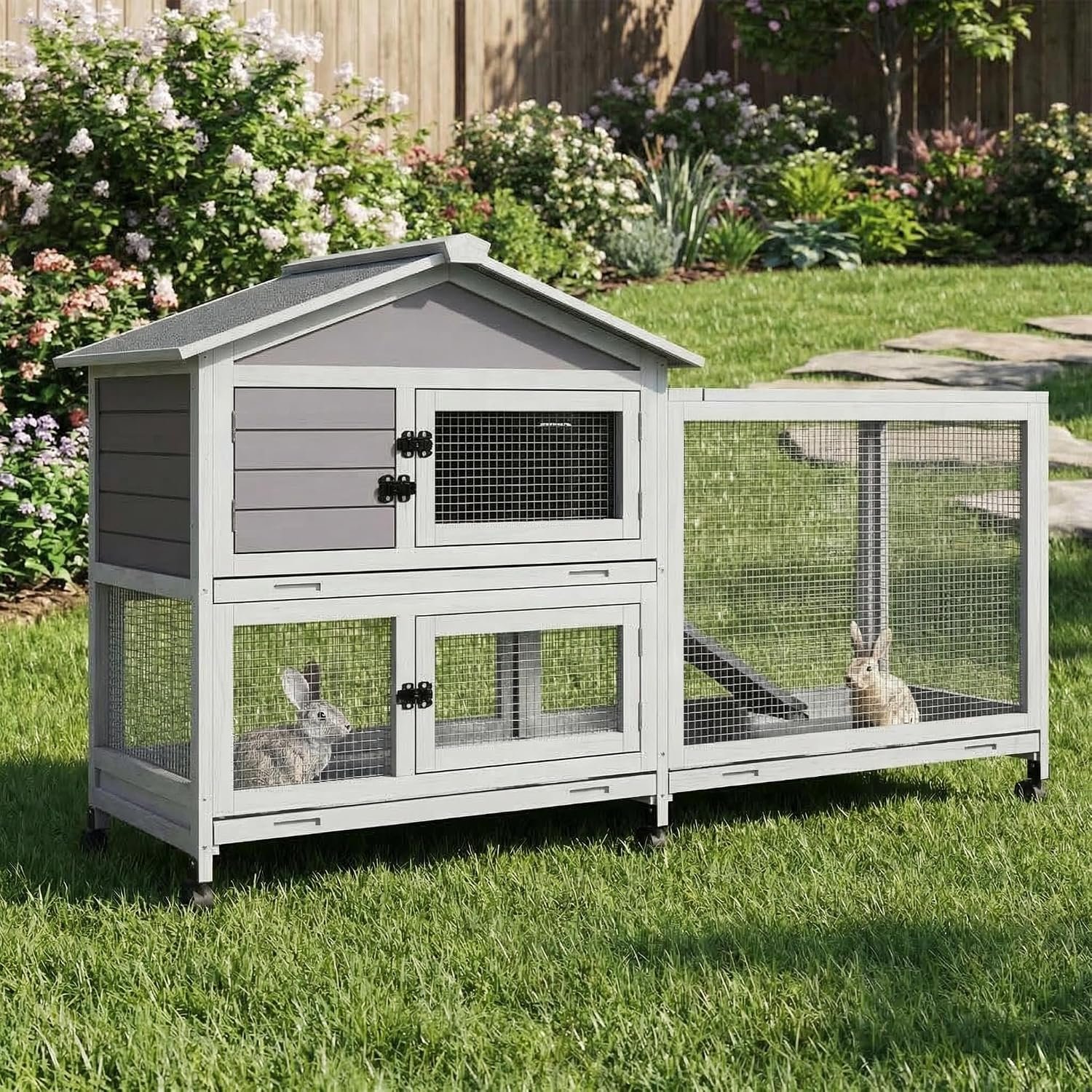 2-Story Wooden Rabbit Hutch & Chicken Coop with Wheels, Indoor/Outdoor Bunny Cage with Waterproof Roof, Removable Cleaning Tray & Access Ramp for Chicken, Rabbit