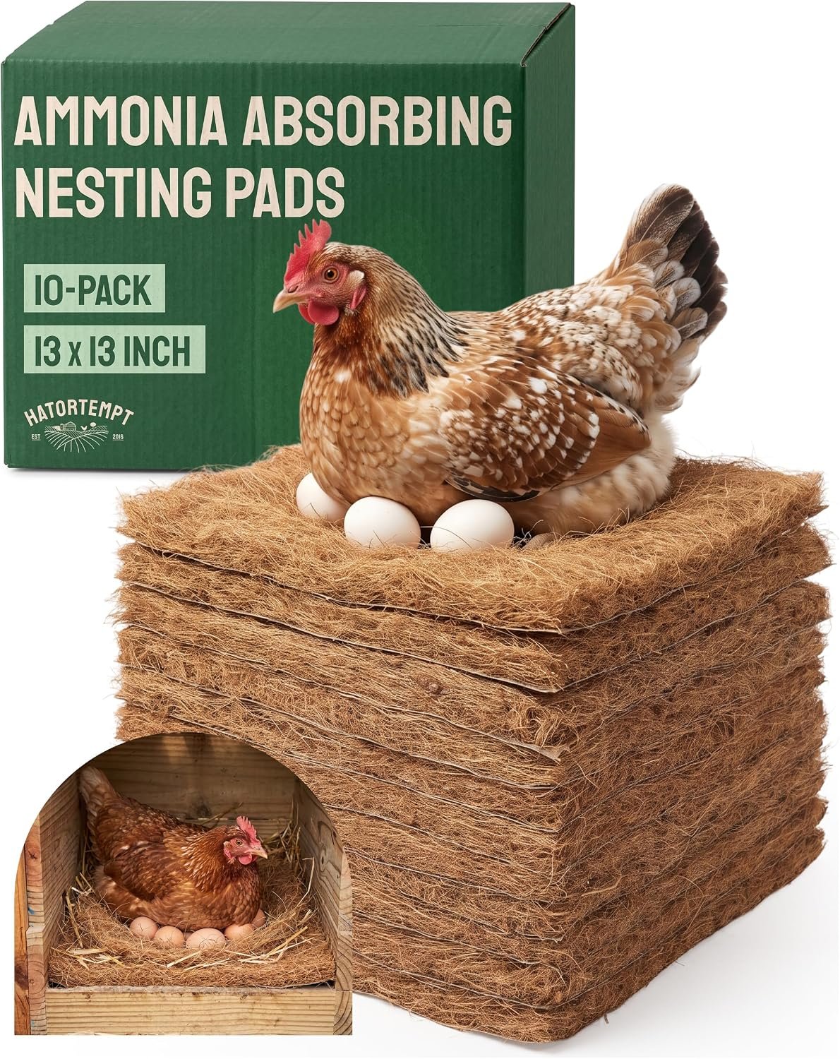 Hatortempt 10-Pack Chicken Nesting Box Pads for Laying Hens, 13″x13″ | Ammonia Absorbing Coconut Coir – Helps Control Surface Odors – Tear-Resistant – Soft & Protective – Compostable – Trimmable