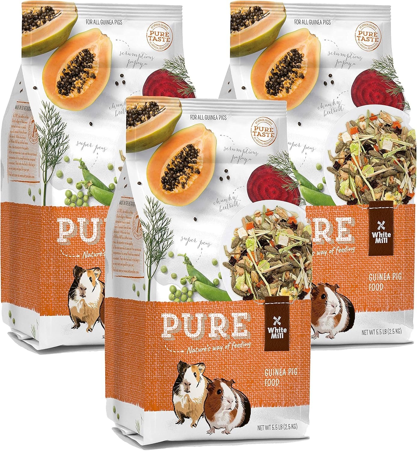 Witte Molen Pure Guinea Pig Food Mixture Papaya & Peas Dry, (Abyssinian, American, Coronet, Peruvian) (3 Pack Pure Guinea Pig Food Mixture Papaya).