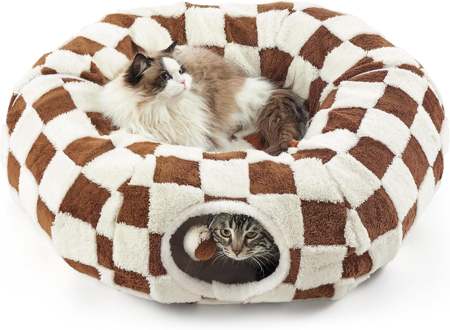 Lesure Donut Cute Jacquard Cat Tunnel Bed Kitten Toys for Puppy Bunny | 33.5×33.5x10in,Round Cat Bed Tube for Indoor Cats Rabbit Dog,Pet Peekaboo Cave Toy,Spiral Hideaway,Washable Cushion,Brown