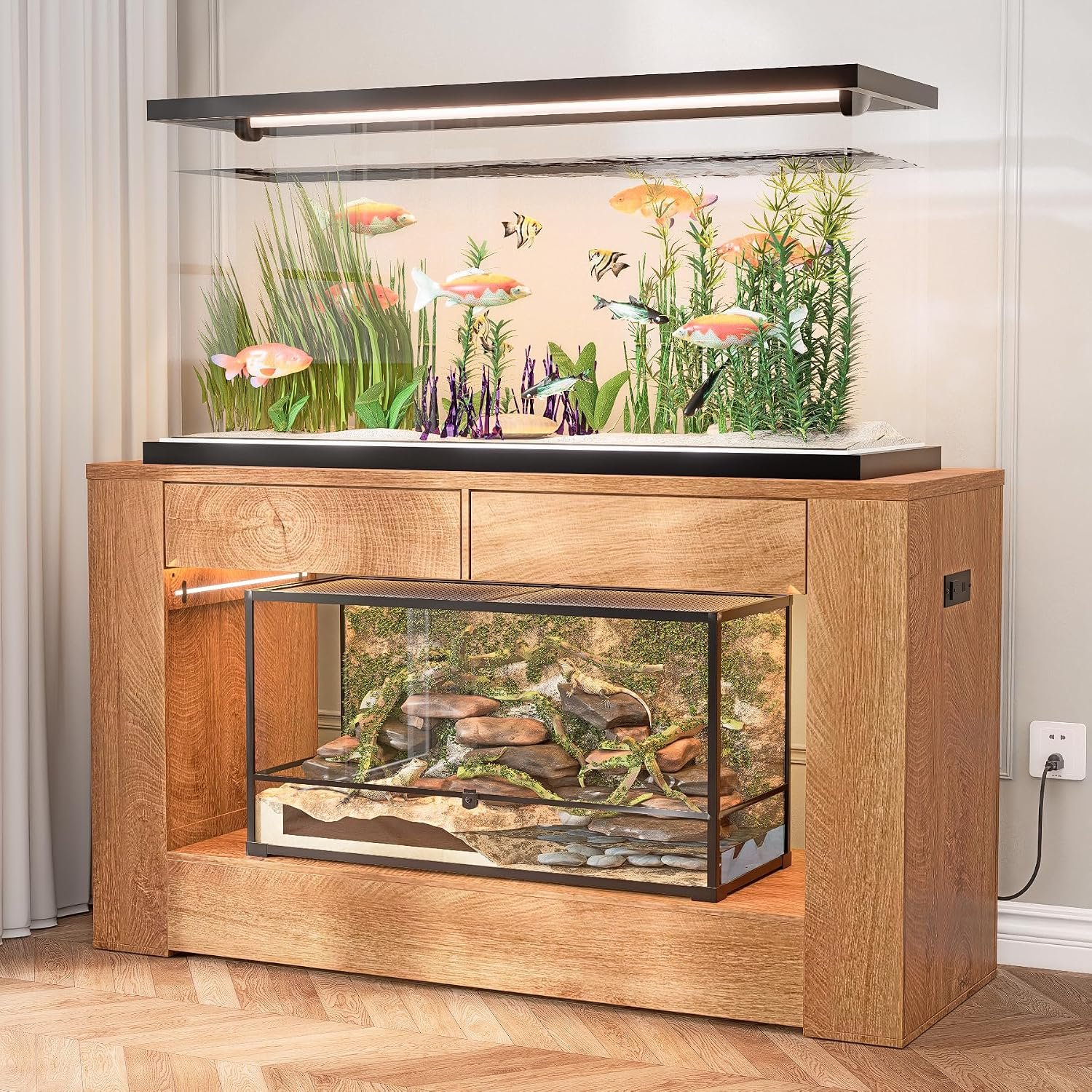 48″ Aquarium Stand for 55–75/90 Gallon Tank,Heavy Duty Fish Tank Stand up to 1000 LBS,Aquarium Stand with Power Outlet & LED Light,2-Tier Turtle Reptile Tank Stand with Storage,Natural