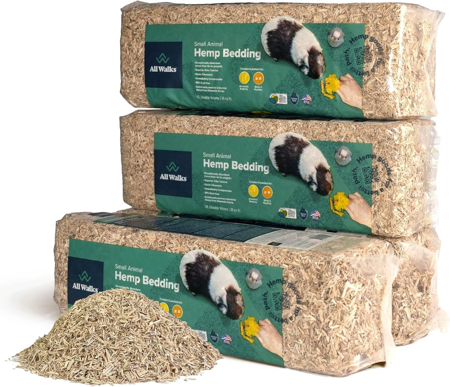 | Hemp Bedding for Small Animals, 4 x 10L Bags 40L Total (8 LBS) | Low Dust, Odor Control, Highly Absorbent, Natural Cage Bedding for Rabbits, Guinea Pigs, Hamsters, Birds and More