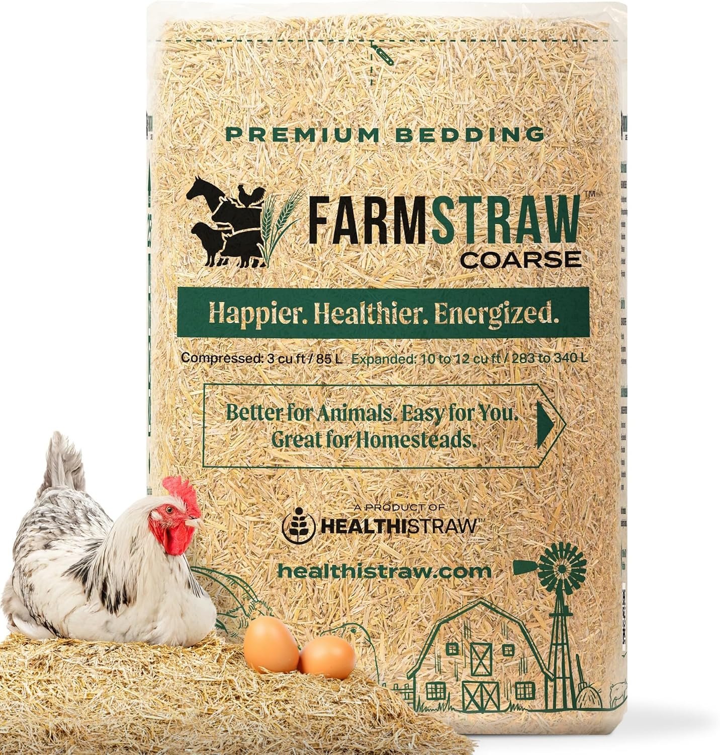 HealthiStraw FarmStraw Coarse Cut 3 cu ft (25lb) Expands up to 10+ cu ft – All-Natural, Wheat Straw Chicken Bedding for Clean, Dry, Odor-Free Coops, Dust-Free, Insulative, Absorbent – Sustainable