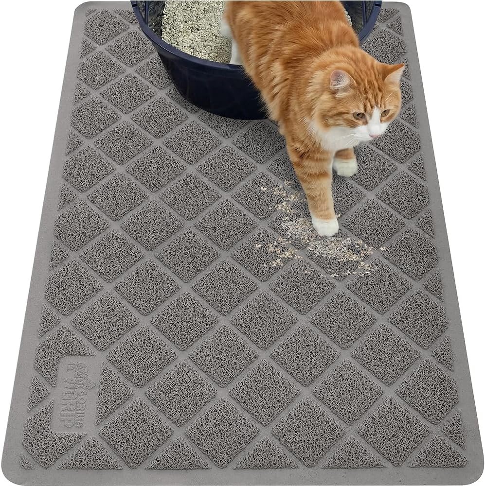GORILLA GRIP Cat Litter Box Mat, 40×28, Cushioned Coil Mesh Litter Trapping Mats, Scatter Control Supplies for Less Mess, Phthalate Free, Ultra Deep Catch Grooves, Rinse or Vacuum to Clean, Gray