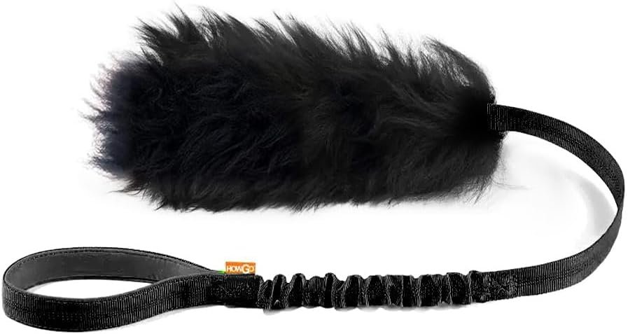 HOWGO Bungee Dog Toy, 100% Sheepskin Tug Rope (Black, Long w/o Ball) | Physical Exercise,Genuine Sheepskin Fur Climbing-Grade Bungee webbing,Interactive Tug and Fetch Toy,All Dog Breeds