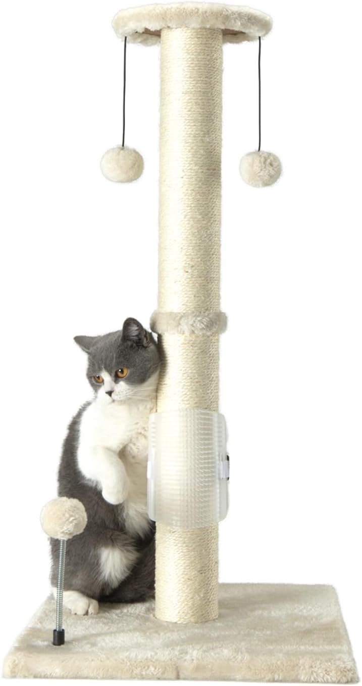 PEEKAB 32″ Tall Cat Scratching Post Sisal Rope Scratch Posts with Hanging Ball and Self-Massage Brush Vertical Scratcher for Indoor Cats and Kittens(Beige 32inches)