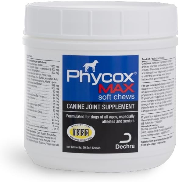 Phycox® MAX Joint Supplement Soft Chews for Dogs, 90 Chews | For Dogs of All Ages, esp Athletes and Seniors; Glucosamine HCI; MSM; Phycocyanin; Omega-3 Fatty Acids; Packaging May Vary