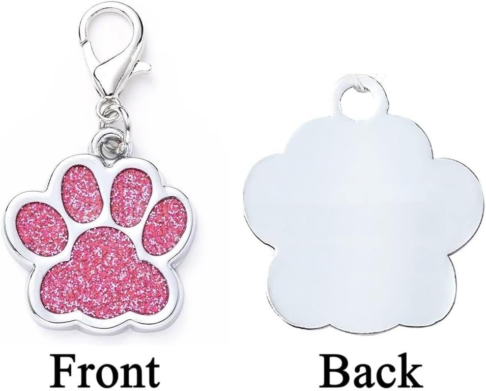 Cute Personalized Pet Name Tags for Cats/Dogs – Glitter Custom pet id tag, Dog id Tags Engraved for Pets, Customizable cat tag, pet Collar Charms, Dog Name tag (Paw-Shaped-Small: Pink)