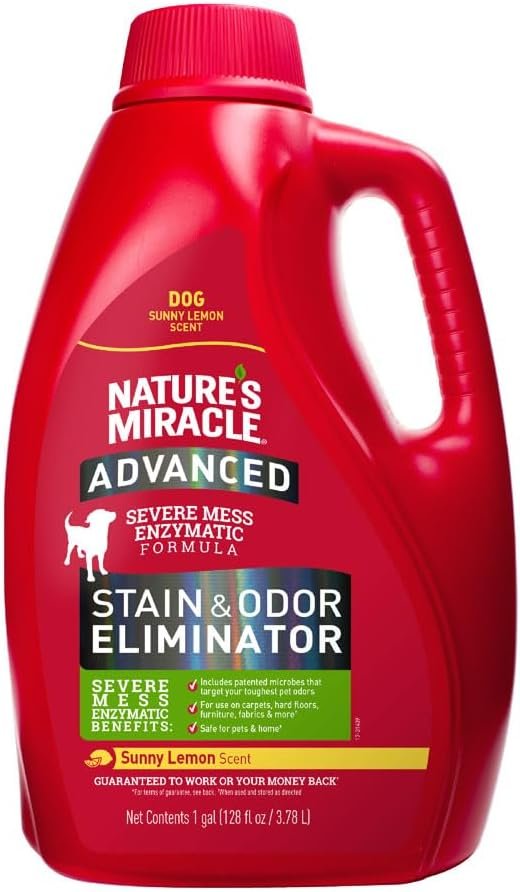Nature’s Miracle Advanced Dog Stain & Odor Eliminator, Severe Mess, 1 gal | Enzymatic Cleaner Eliminates the Toughest Dog Messes, For Use on Multiple Surfaces, Safe For Pets and Home*, Lemon Scent