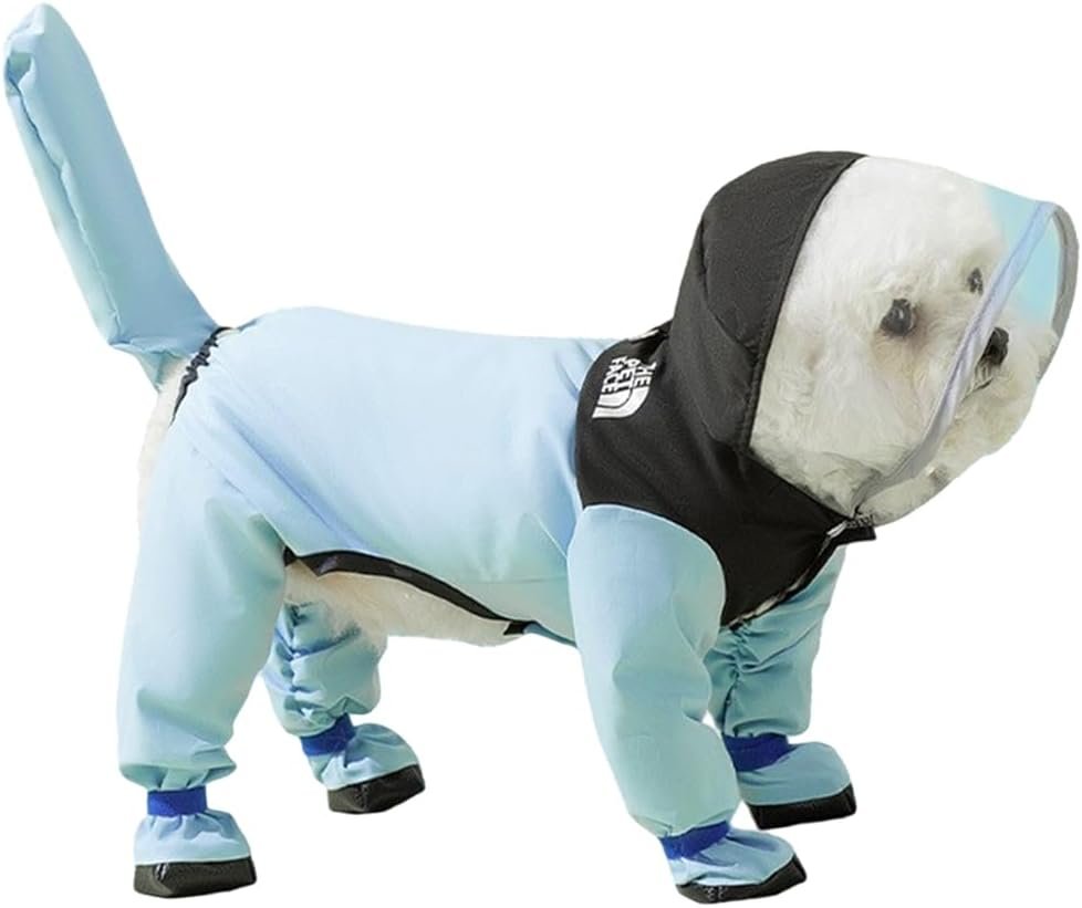 Waterproof Dog Raincoat, Clear Hood, Leash Hole, Blue, X-Small | Full-leg coverage, reflective strips and adjustable cuffs in durable 300D polyester help keep dogs dry on rainy walks.