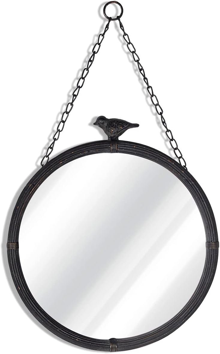 NIKKY HOME 11.2″ Decorative Small Hanging Mirrors Vintage Rustic Round Metal Framed Wall Mounted Mirror Decor with Bird for Bathroom Living Room Office, Antiqued Black