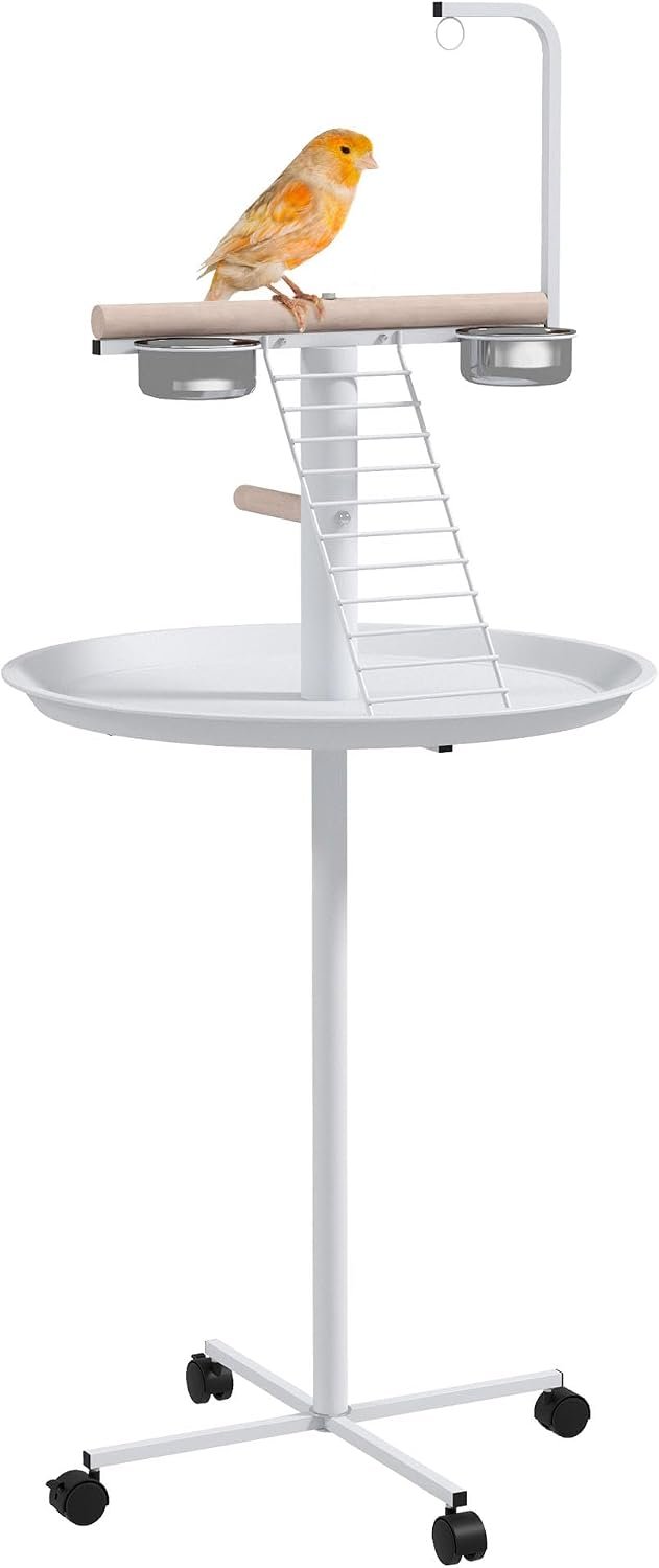 PawHut Bird Stand, Parrot Stand with Wheels, Perches, Stainless Steel Feed Bowls, Round Tray, Bird Play Stand for Indoor Outdoor, White | Perches, Round Tray, Indoor Outdoor Use