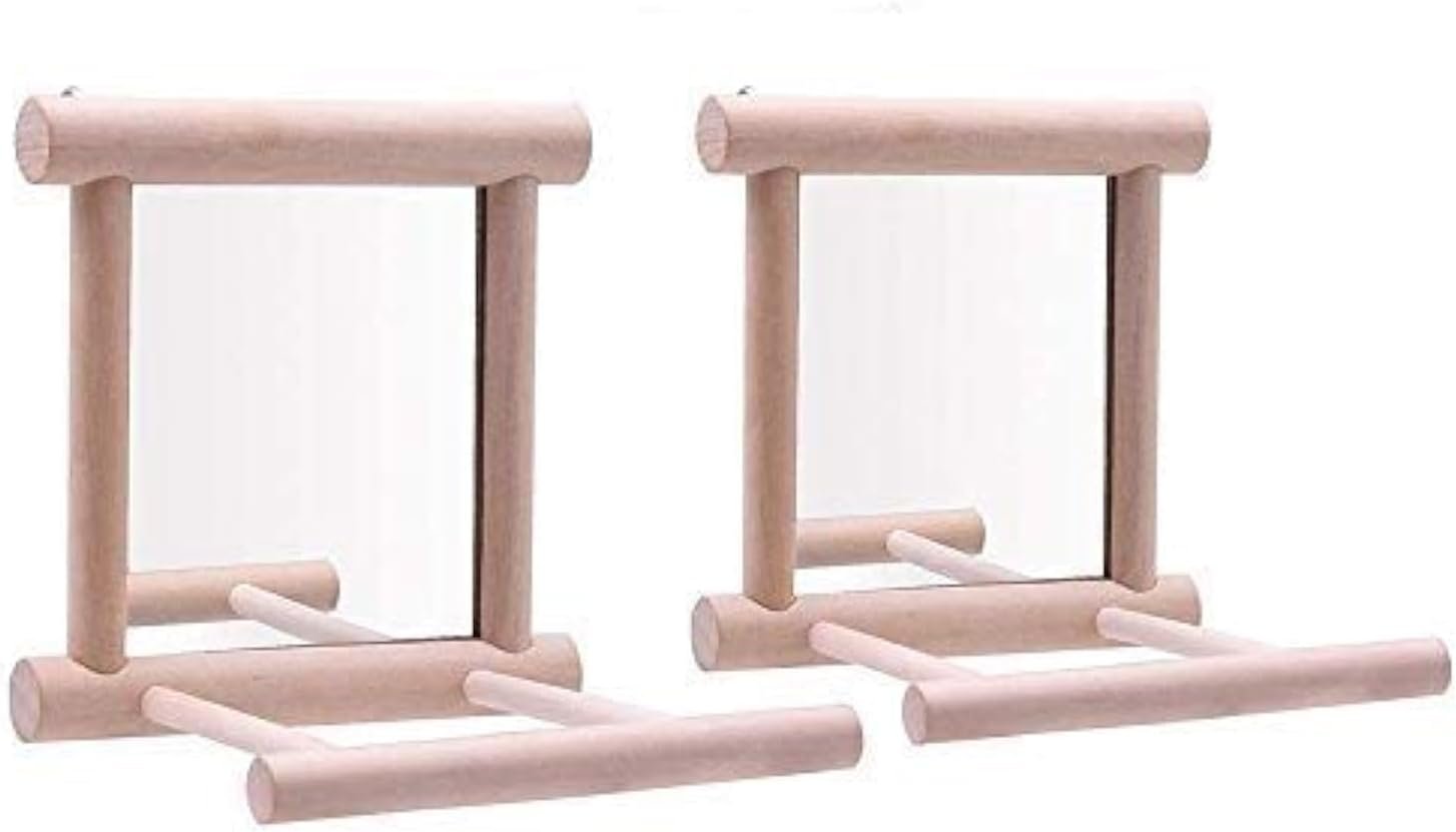 Litewoo Bird Mirror with Perch Parrot Swing Interactive Play Toys, 2 PC | Natural wood, with perch, 3.94″x3.94″x3.94″, reduces loneliness, easy hang on cages, for small bird/parakeet/conure/lovebird