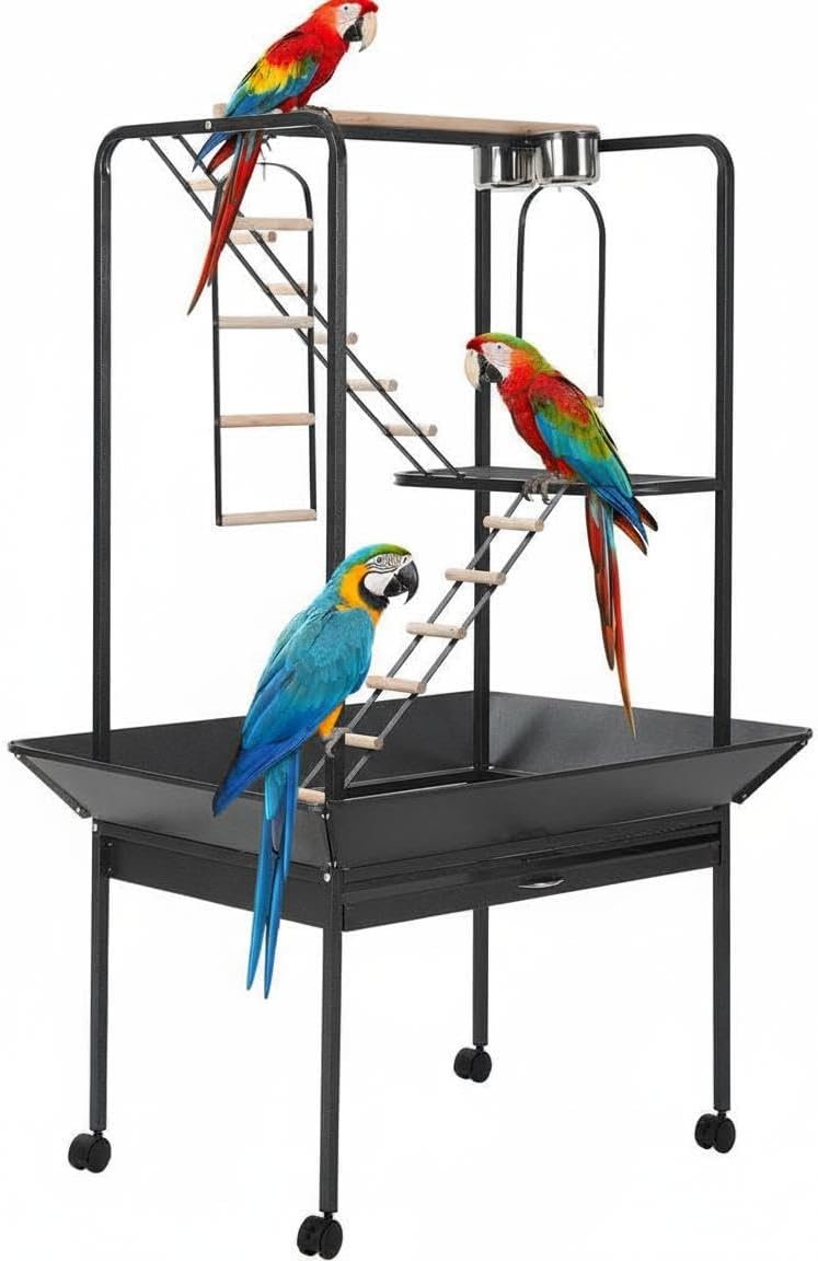 Garvee 64” H Inch Birdcage Stand Play Center with Perches and Ladders | Indoor Outdoor Playground for Birds, Bird Playstand w/Rotated Ring Removable Tray, Lockable Caster, for Macaw and Parakeet