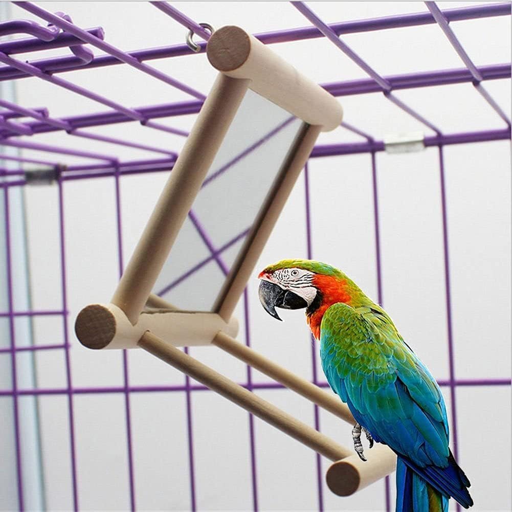 Bird Mirror with Swing and Perch for Parakeets Cockatiels Lovebirds Finches – Wooden Interactive Hanging Cage Toy, 3.7 x 3.5 x 3.5 Inch, 1 Pack
