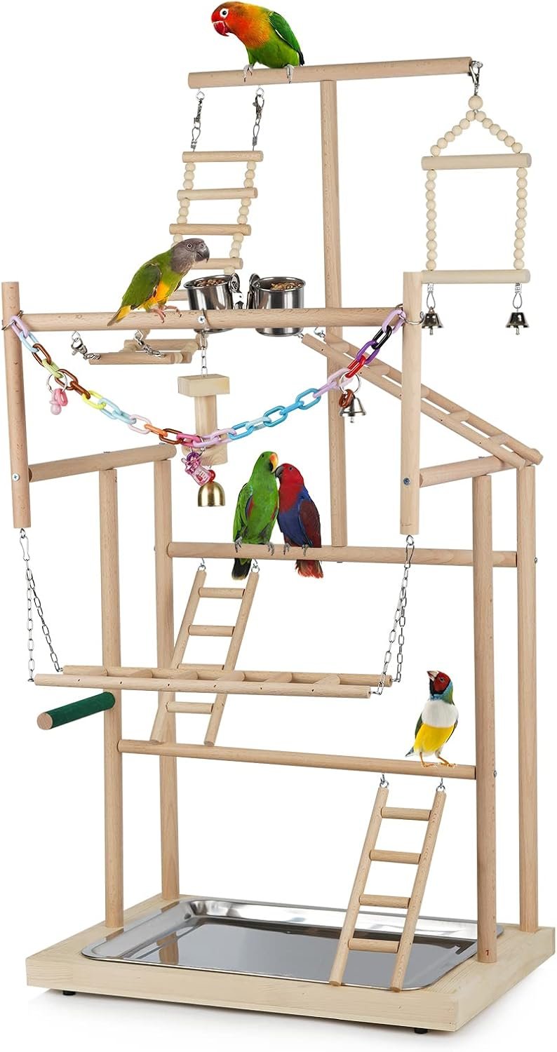 4 Layers Wood Pet Parrot Playstand | Bird Playground, Perch Gym Playpen, Ladder with Feeder Cups Bells, For Cockatiel Parakeet