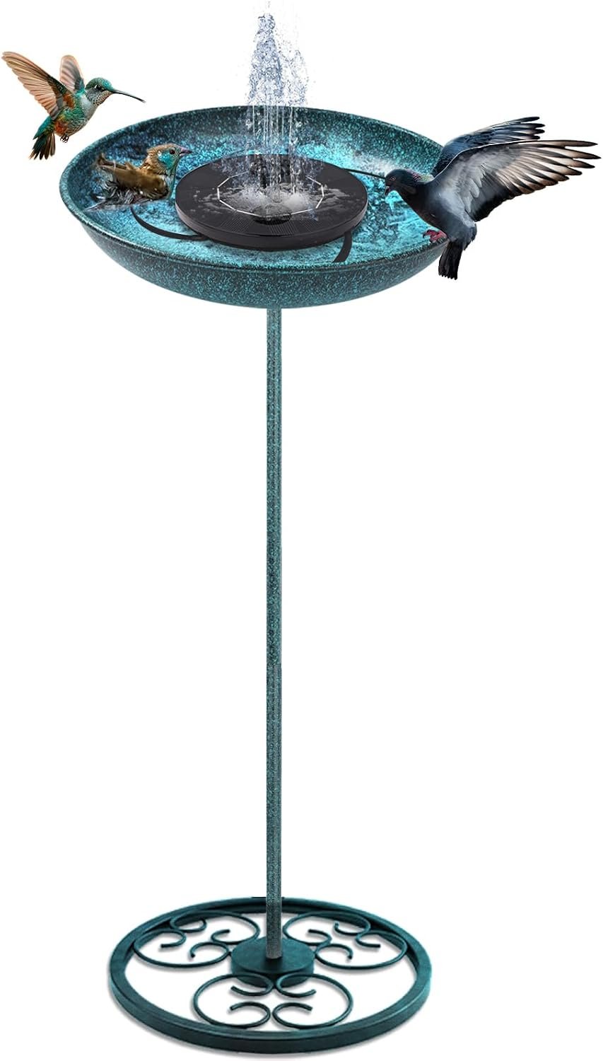 50 Inches Solar Bird Bath Fountain with 12″ Bowl – Outdoor Cast Iron Birdbath with Solar-Powered Water Fountain, Round Base for Garden & Yard Decor (Turquoise Blue)