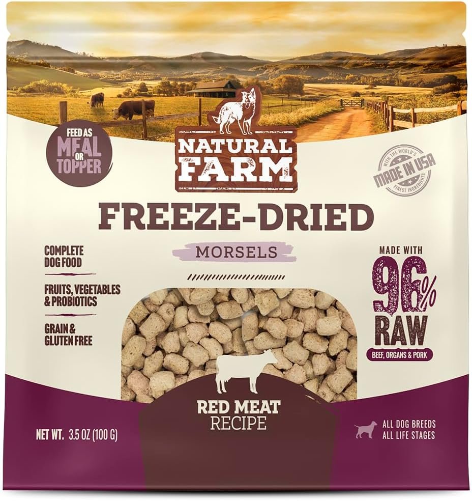 Natural Farm Freeze-Dried Red Meat Morsels for Dogs – 96% Raw Beef, Organs & Pork, Complete Meal or Food Topper, Grain-Free, Gluten-Free, Probiotics for Digestion, All Life Stages – 3.5oz Bag